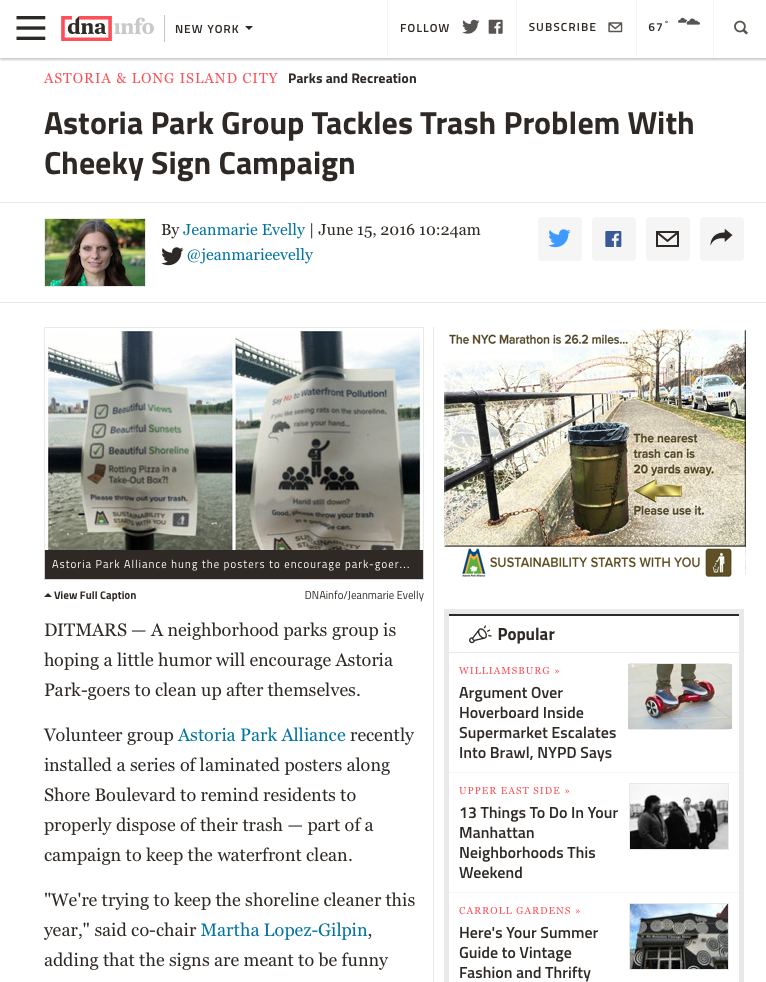 DNA Info: Astoria Park Group Tackles Trash Problem With Cheeky Sign Campaign